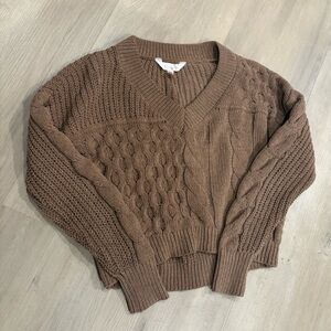 No Boundaries Brown V-Neck Cable & Rib Knit Sweater